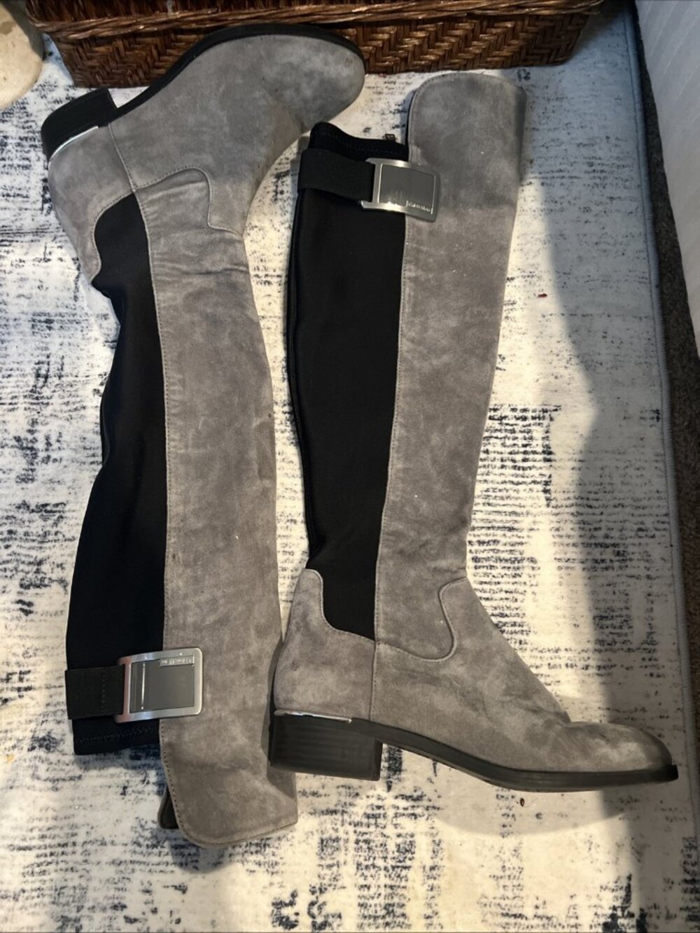 Calvin Klein Cylan Gray Faux Suede Stretch Panel Over Knee Boots 6.5 Women’s